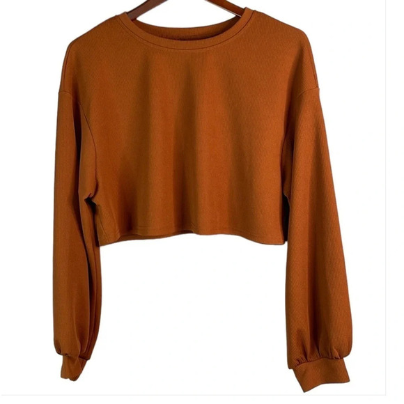 SHEIN Cropped Ribbed Lantern Sleeve Top Rust Brown Crewneck Balloon Size M - Picture 2 of 10